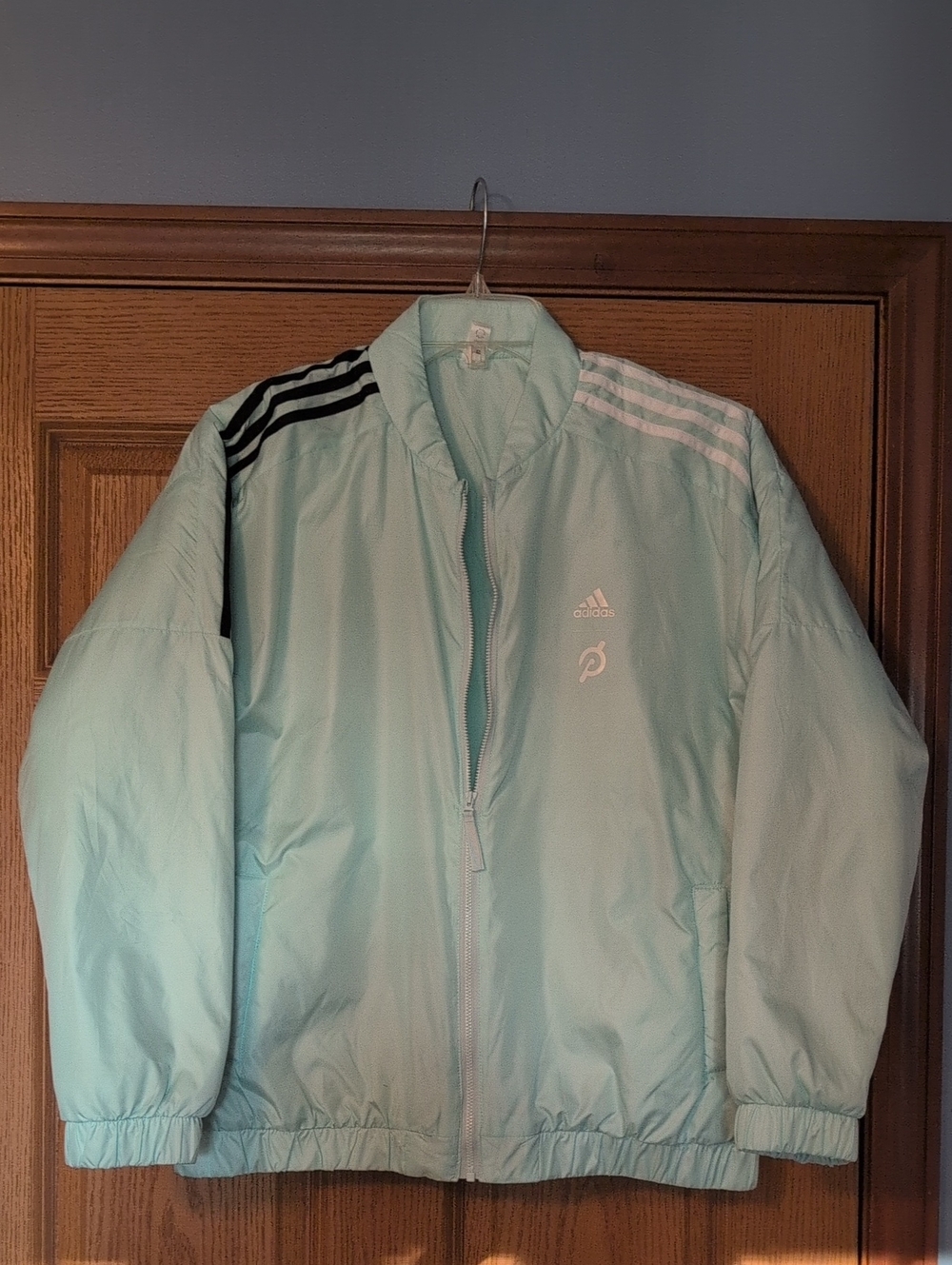 Adidas Pelaton Women's Mint Green Varsity Jacket with Black & White Stripes